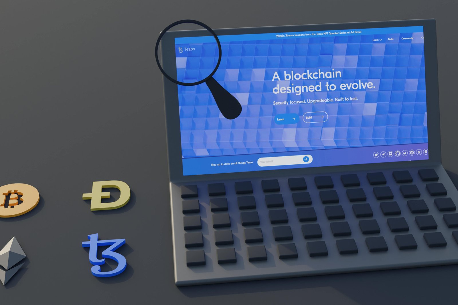 Laptop displaying Tezos blockchain website with cryptocurrency logos including Bitcoin, Dogecoin, and Ethereum, emphasizing Web3 technology and its impact on business.