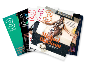 Stack of 3 magazine issues showcasing global perspectives and stories, featuring a cover with Michael