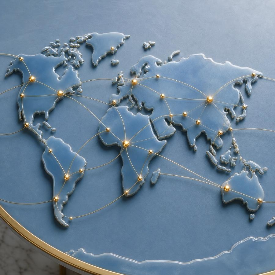 3D map of the world with interconnected gold dots illustrating global expansion and borderless organizations