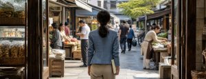 Woman in business attire walking through a bustling market scene, symbolizing navigating global expansion